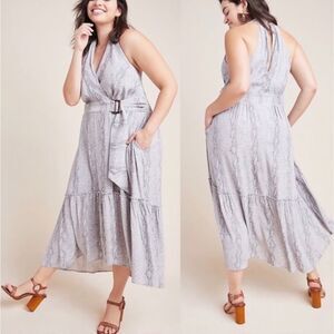Anthropologie Marfa Grey Snake Print V-neck Belted Faux Wrap Maxi Dress 14